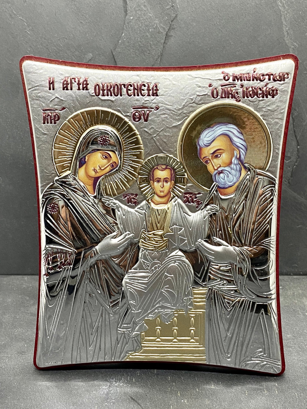 An original copy of Byzantine Holy Icon Holy Family made with 925* Silver on Cherry Wood SI28