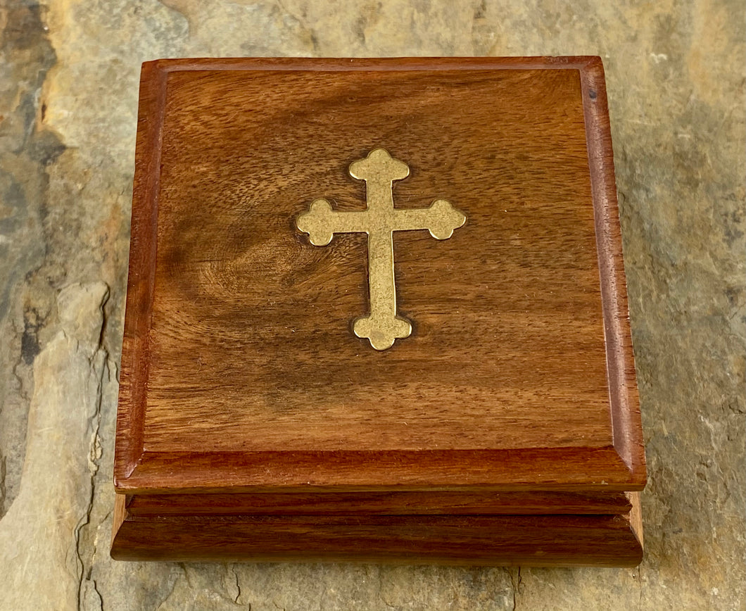 Wooden Livanothiki Incense Storage Box with Brass Cross 5325