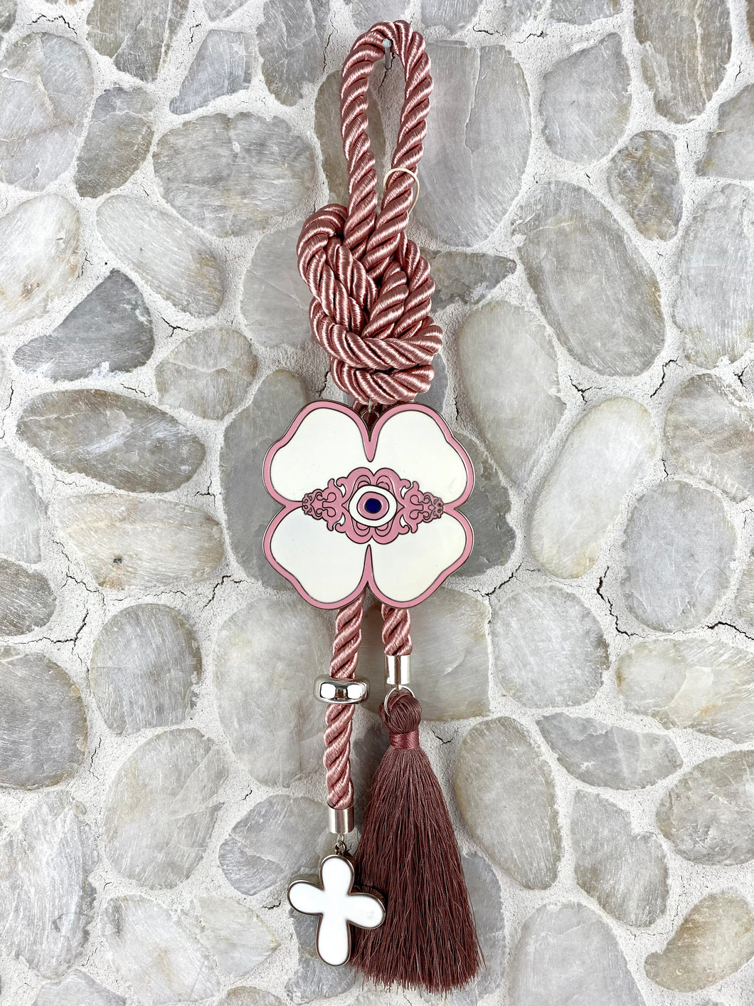 Pink Dusty Rose Pearl Cord with Large Four Leaf Clover Evil Eye, Large Metal Cross with Tassel GHG19