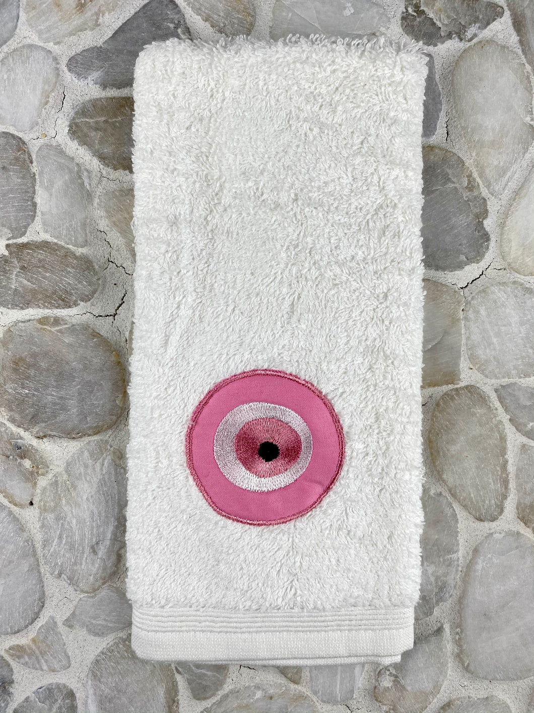 Cotton Hand Towel with Pink Embroidered  Evil Eye HT2