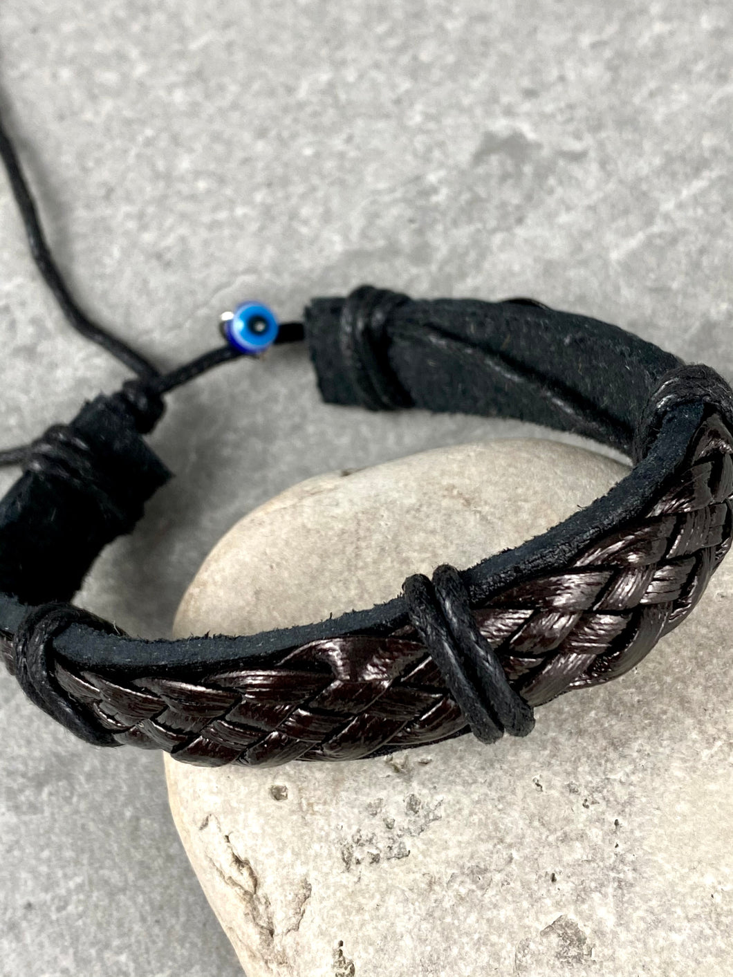 Black and Brown Leather Braided Bracelet with Evil Eye Bead MB30