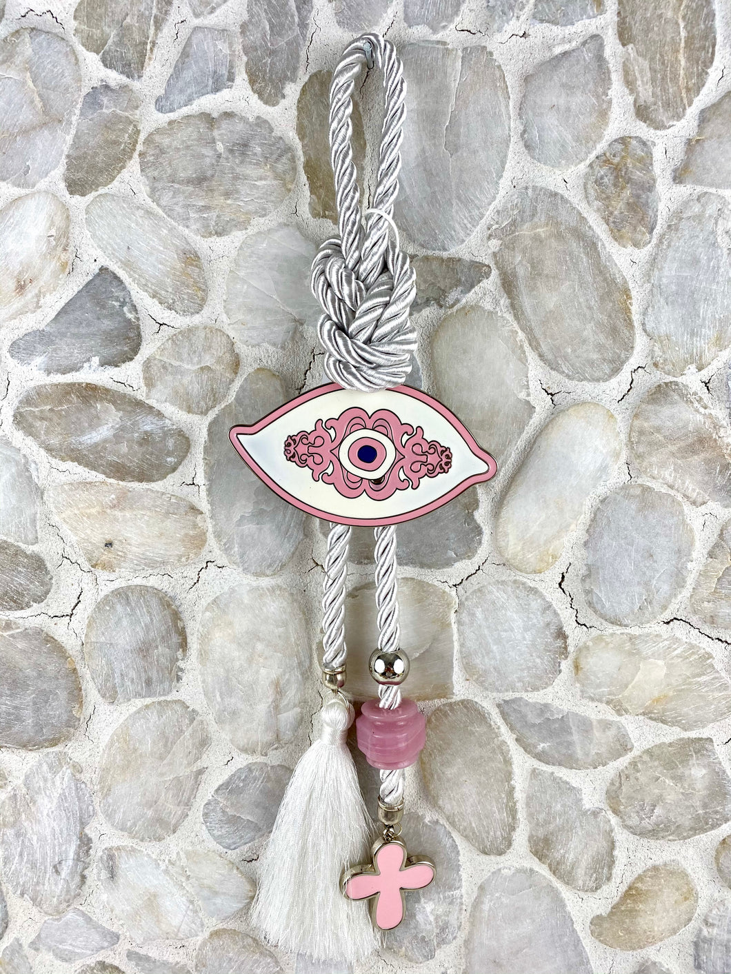 Large Metal Evil Eye with Murano Glass Bead, Tassel and Metal Cross  HG12