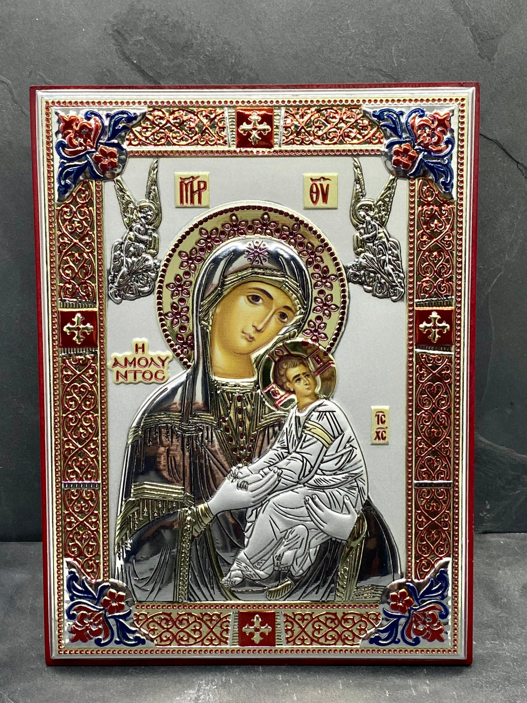 An original copy of Byzantine Holy Icon Amolyntos  made with 925* Silver on Cherry Wood SI35