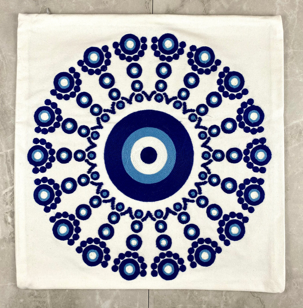 Textured Fabric Square Pillow Case with Embroidered Evil Eye MP8
