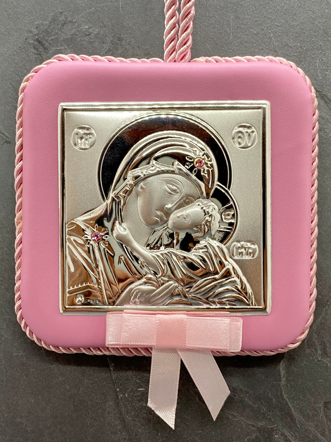 Lullaby Silver Panagia Icon on Pink Leather Pillow Trimmed with Cord PS54