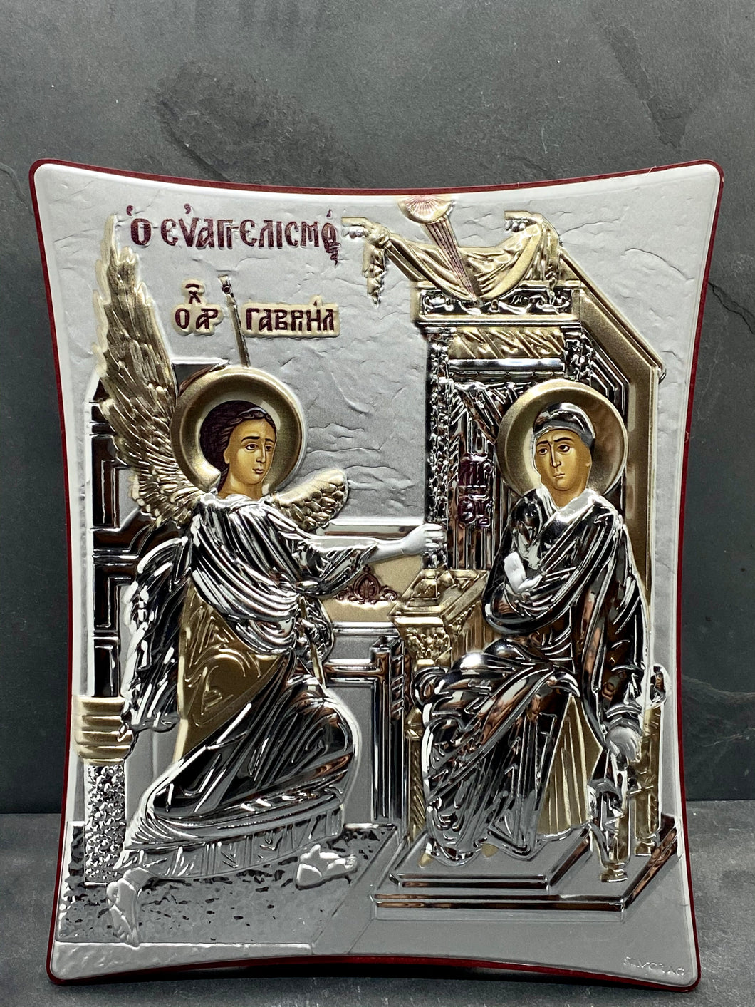 An original copy of Byzantine Holy IconThe Annunciation Tou Evanggelismou made with 925* Silver on Cherry Wood  SI12