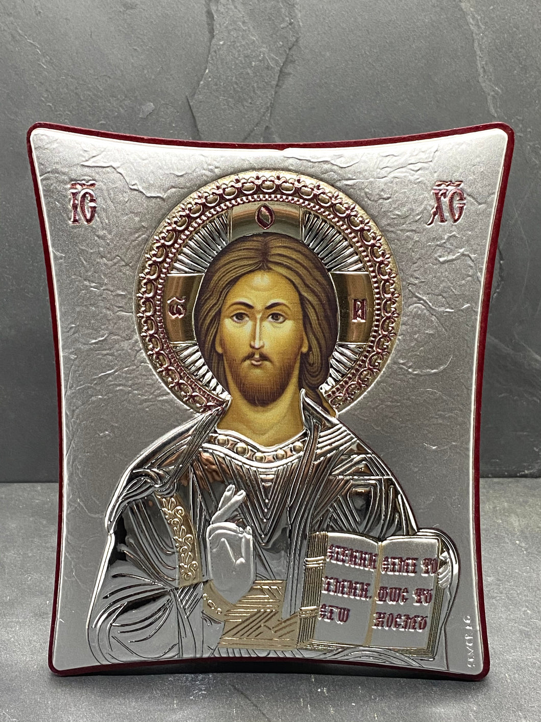 An original copy of Byzantine Holy Icon Jesus  made with 925* Silver on Cherry Wood  SI30