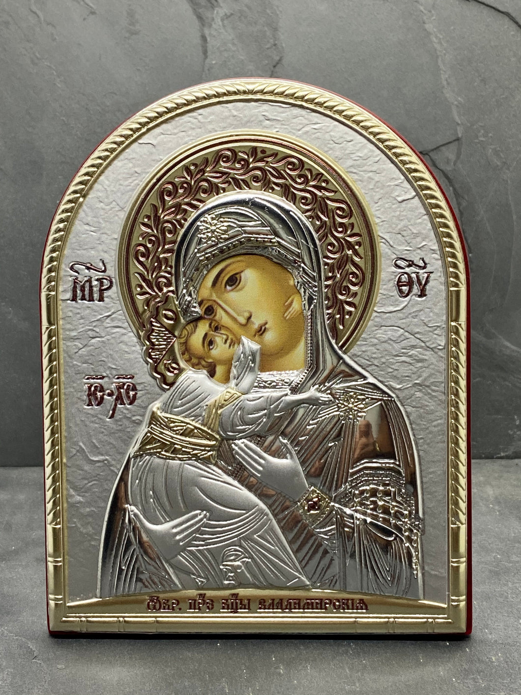 An original copy of Byzantine Holy Icon Vladimirka made with 925* Silver on Cherry Wood SI8