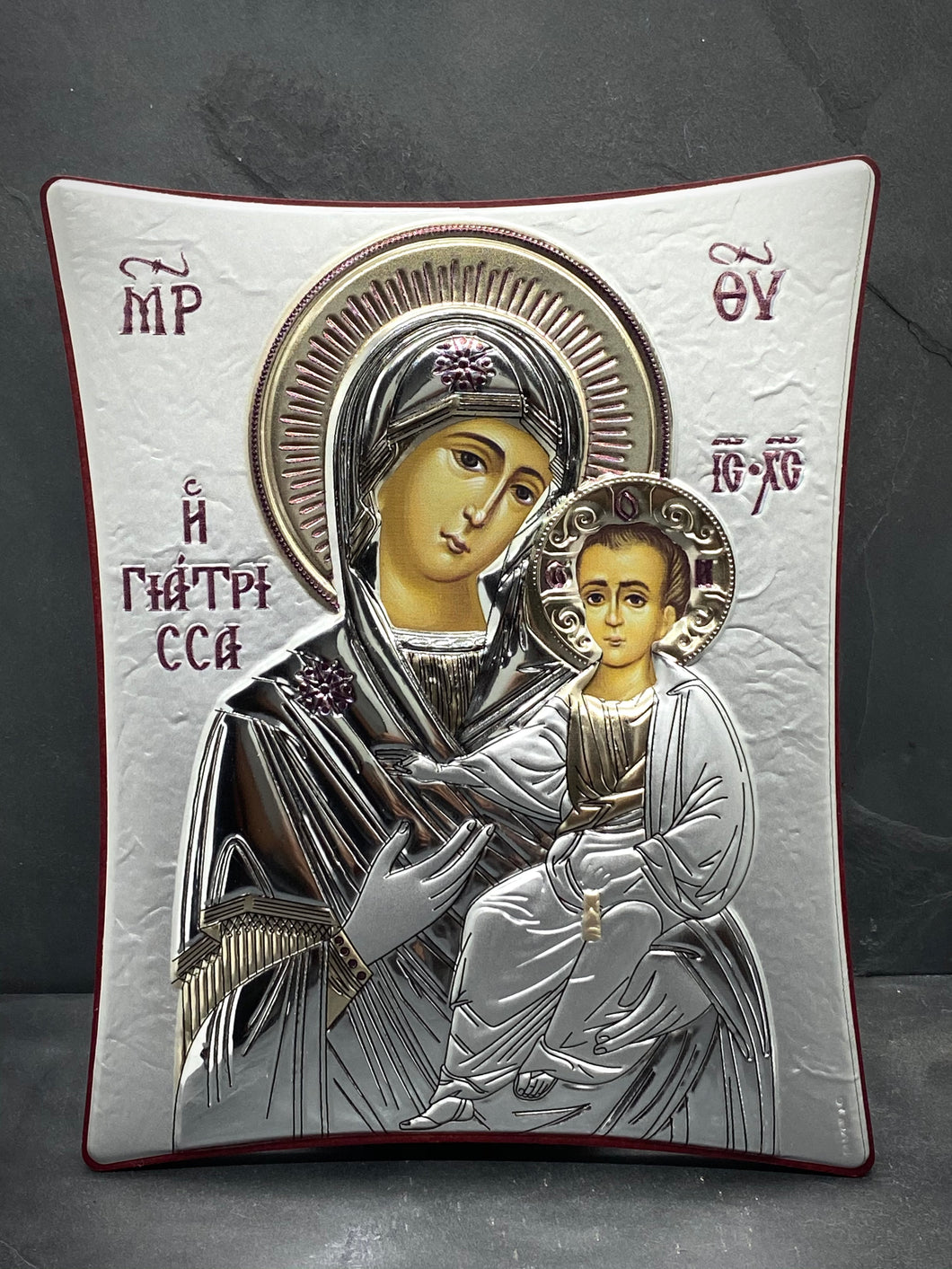 An original copy of Byzantine Holy Icon Giatrissa made with 925* Silver on Cherry Wood SI1