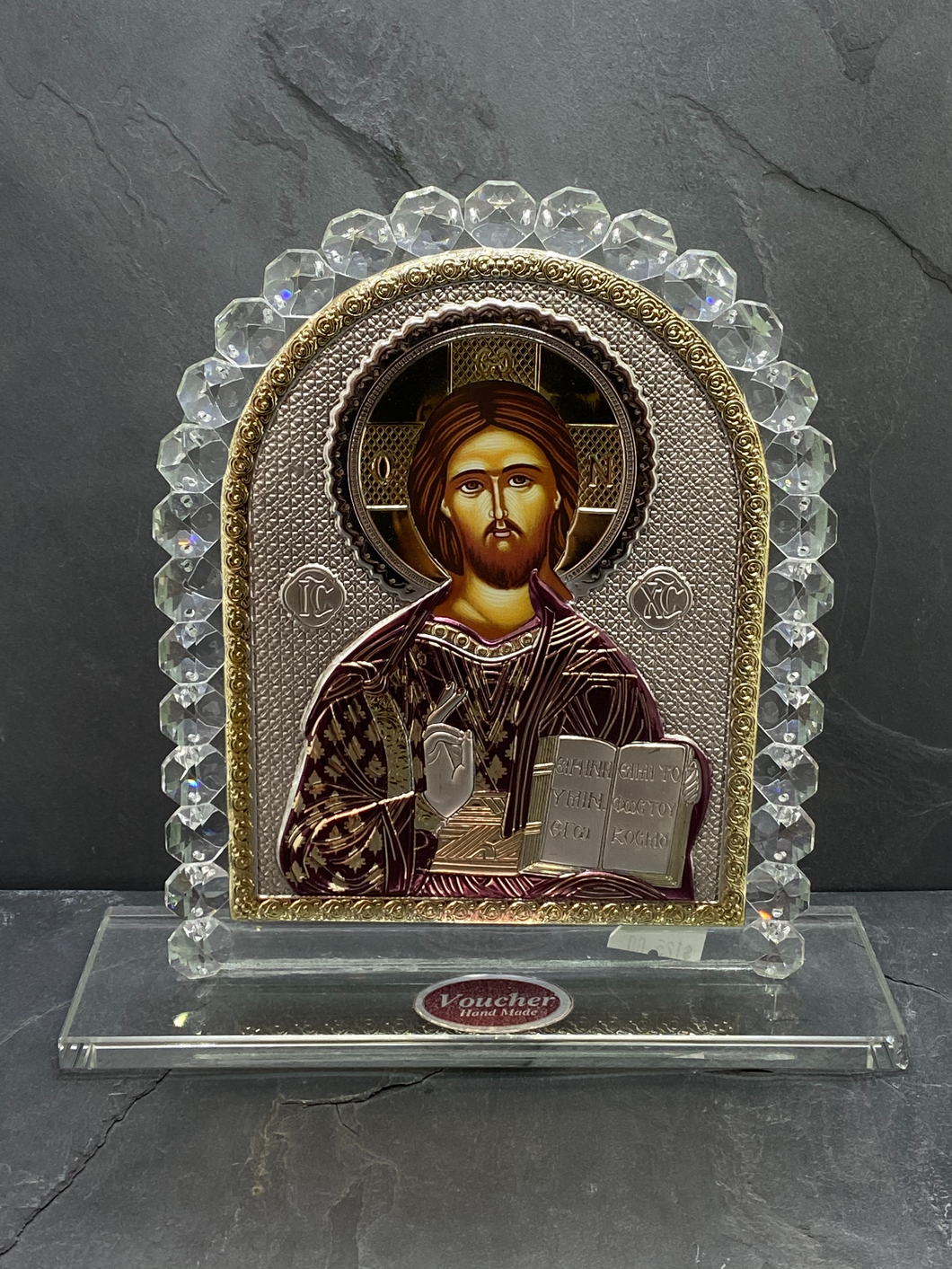 An original copy of Byzantine Holy Icon Jesus made with 925* Silver on Glass GP14