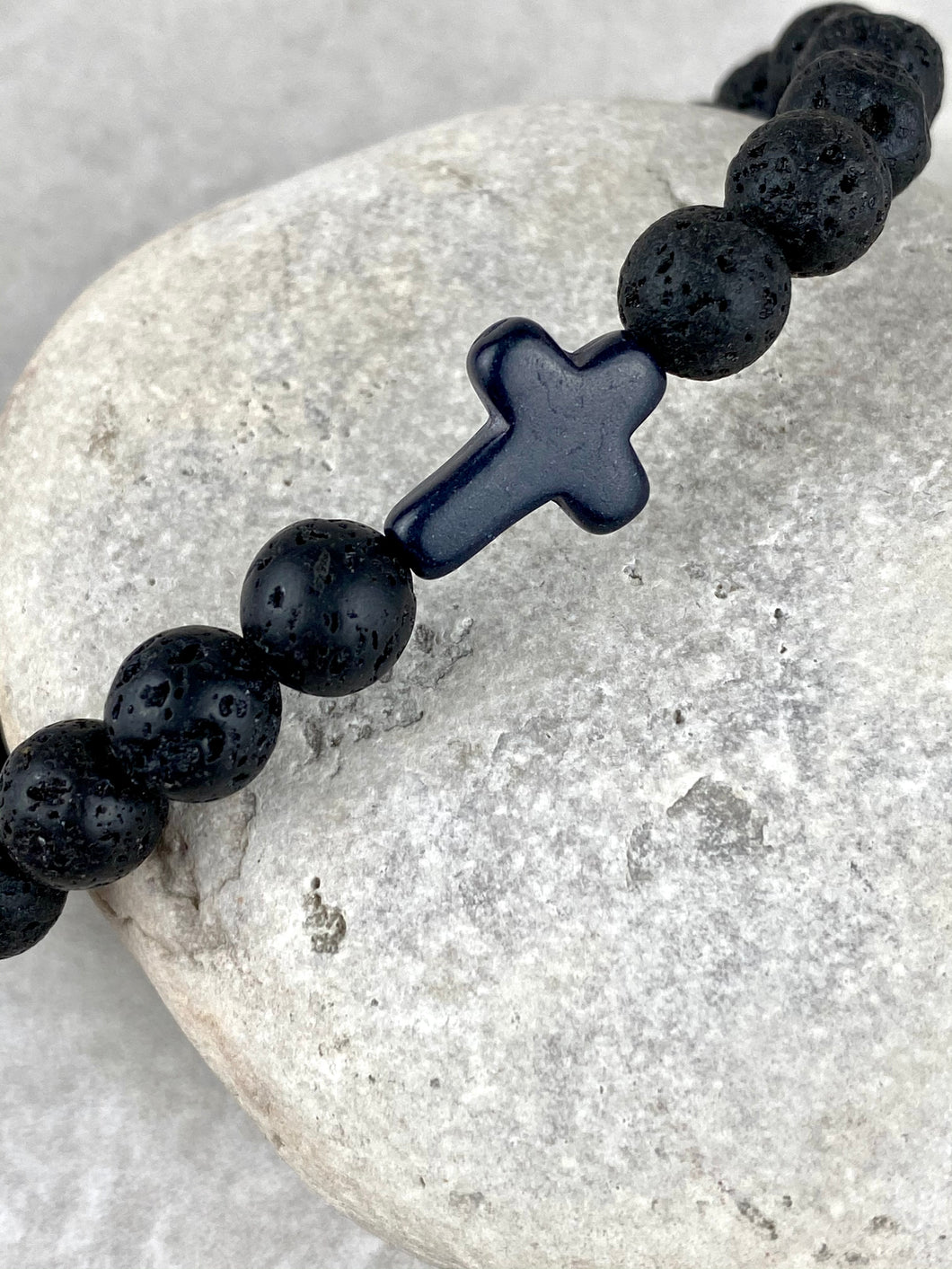 Black Volcanic Lava Rock Stone Bracelet with Cross
