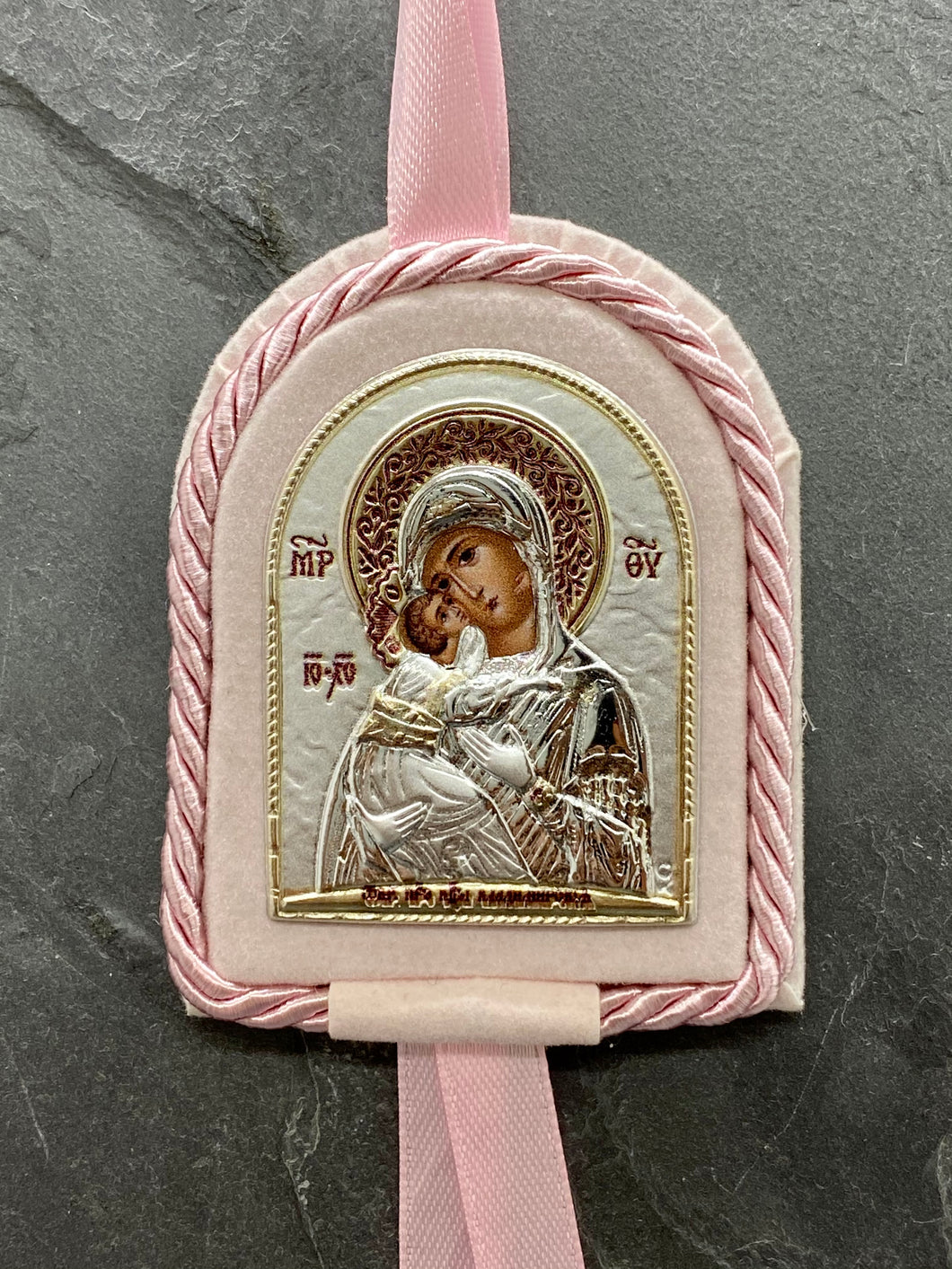 Silver Panagia Icon on Pink Velour Trimmed with Cord PS51