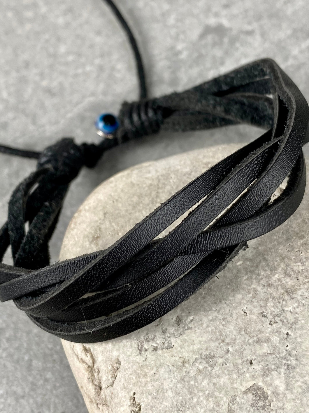 Black Leather Adjustable Bracelet with Evil Eye Bead MB36
