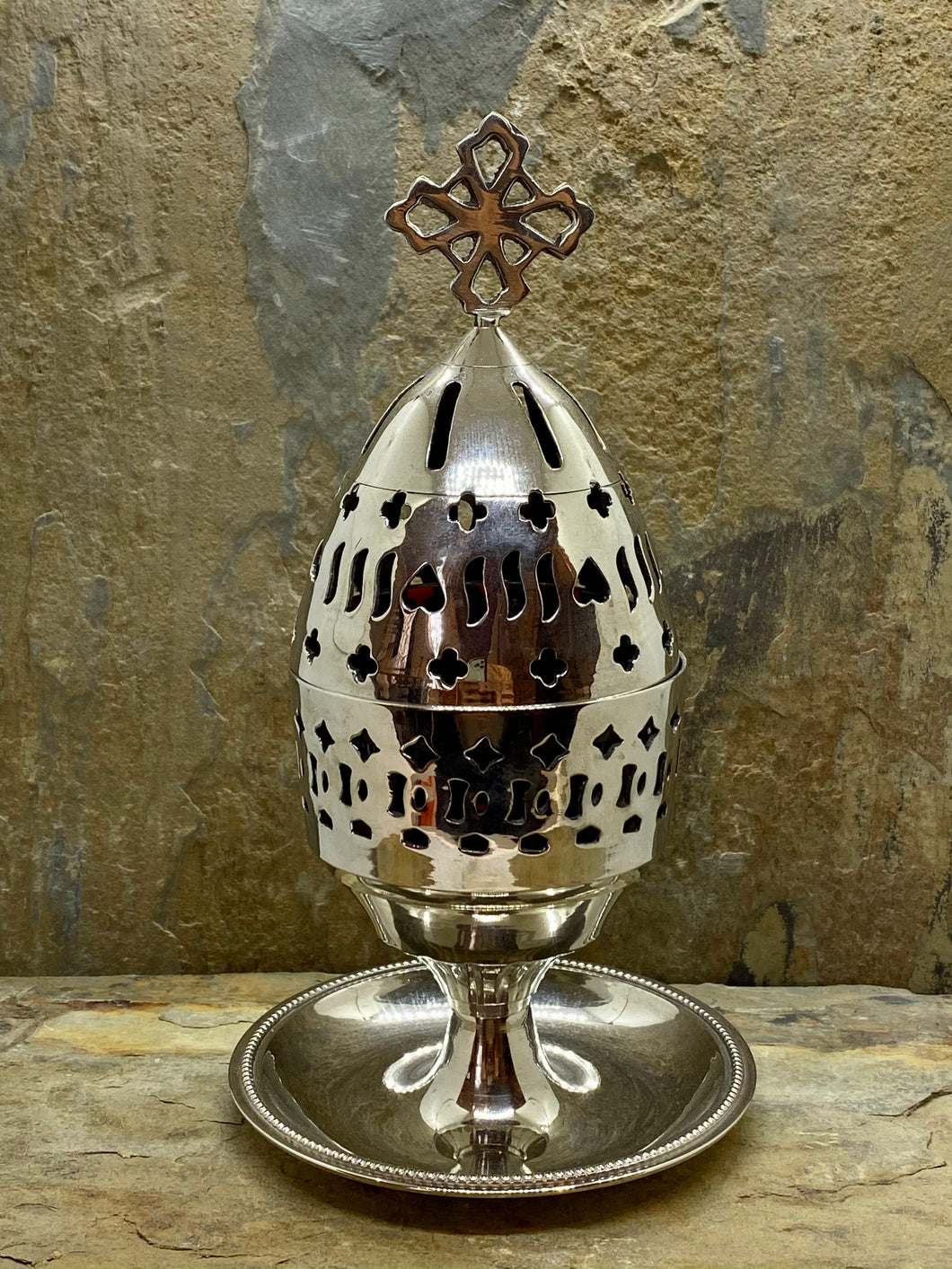 Large Polished Greek Orthodox Nickel Plated Brass Kantili Vigil Lamp 5574N