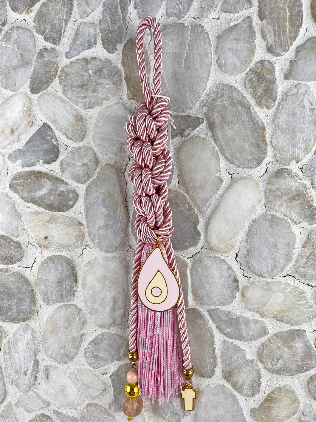 Pearl Pink Cord Gouri, Large Tear Drop Evil Eye, Cross Pendant with Large Murano Glass Beads and extra long Tassel GHG14