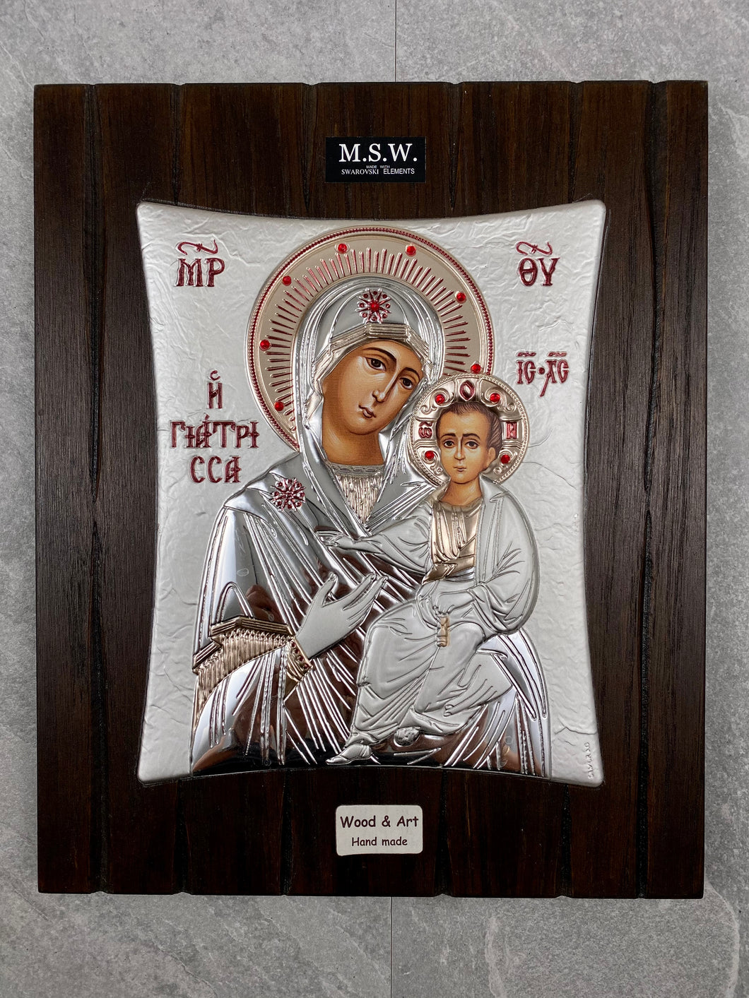 Hand Made 925* Silver Holy Icon Giatrissa on Wood with Swarovski Elements HM5