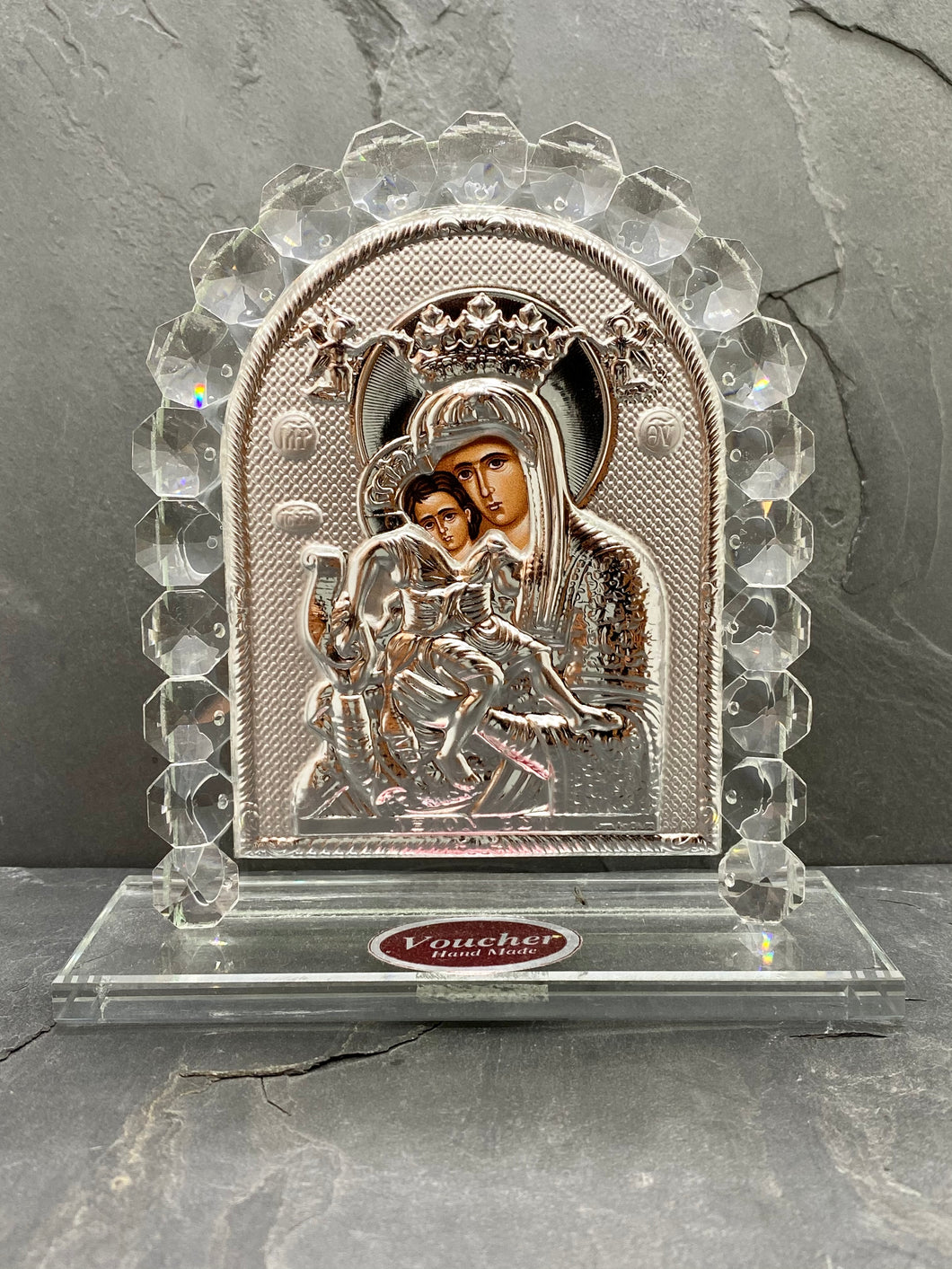 An original copy of Byzantine Holy Icon Panagia made with 925* Silver on Glass GP4