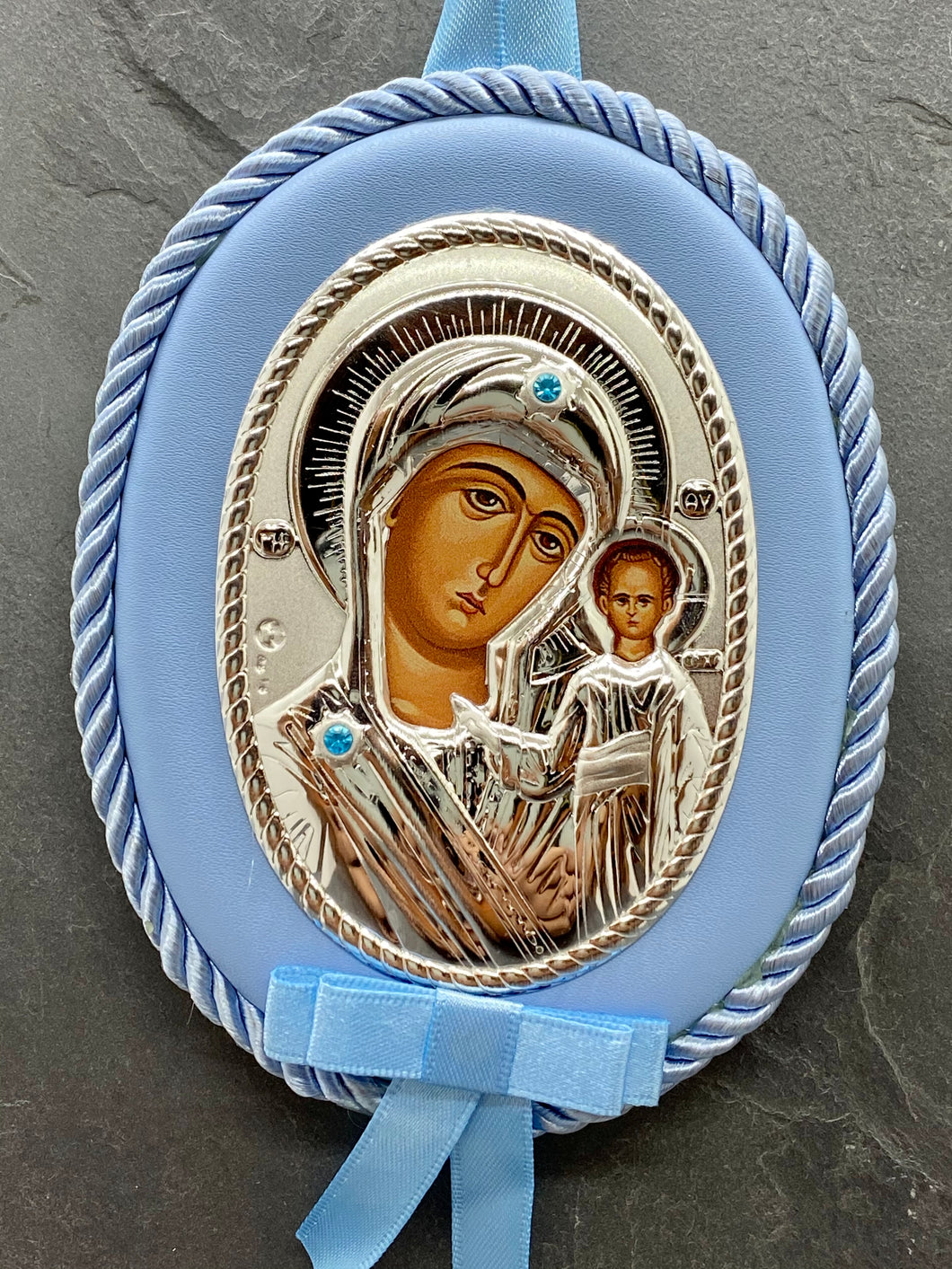 Silver Panagia Icon on Blue Leather Pillow Trimmed with Cord PS68