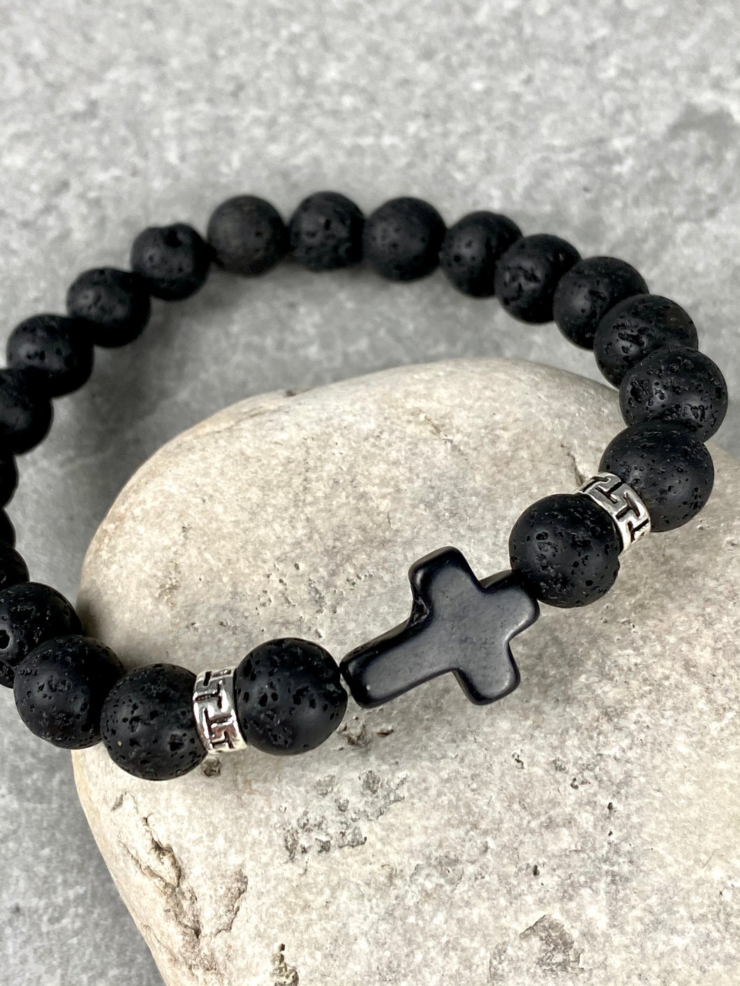 Black Volcanic Lava Stone with Cross and Greek Key Bracelet  MB18