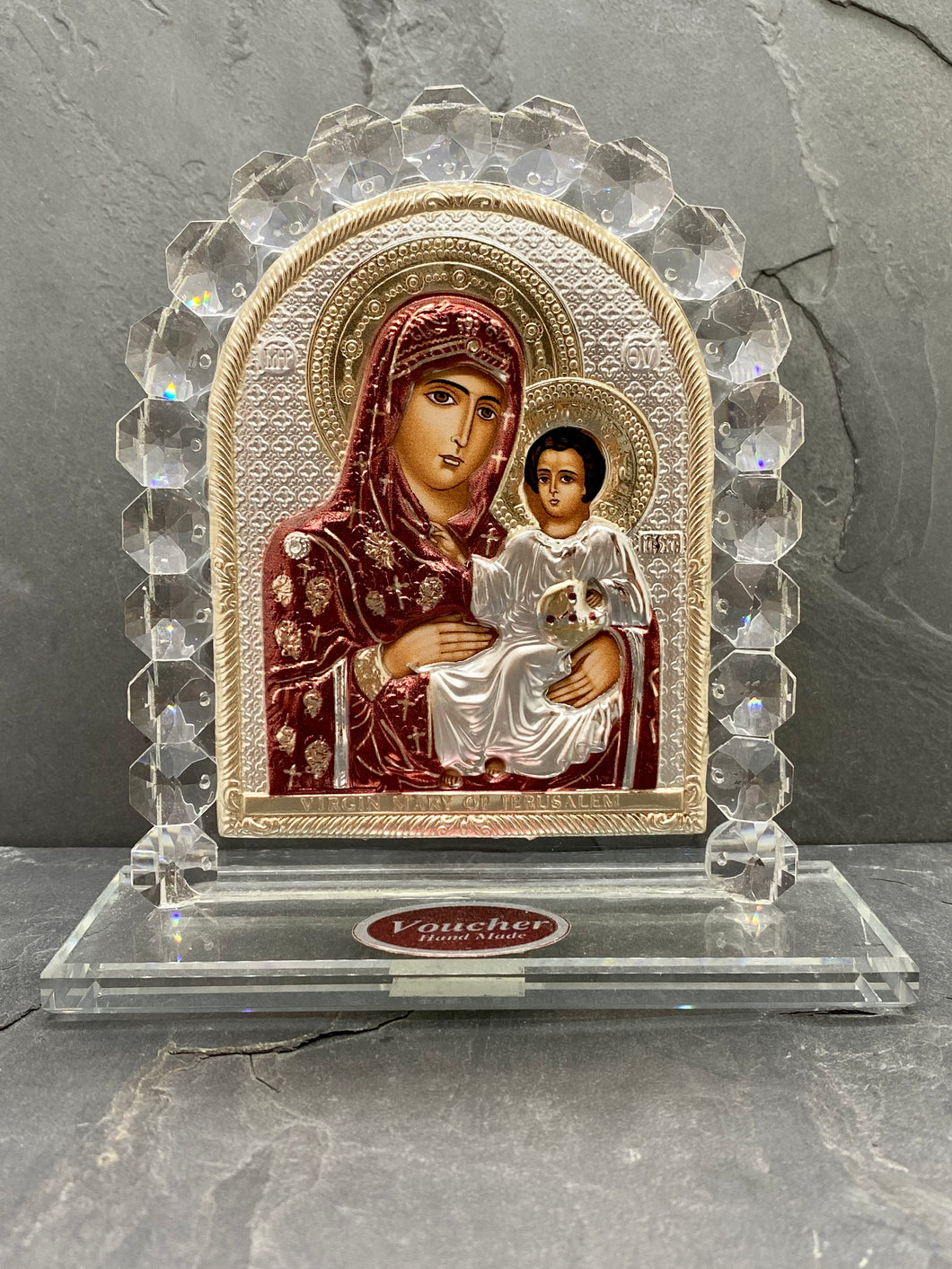 An original copy of Byzantine Holy Icon Panagia made with 925* Silver on Glass GP1