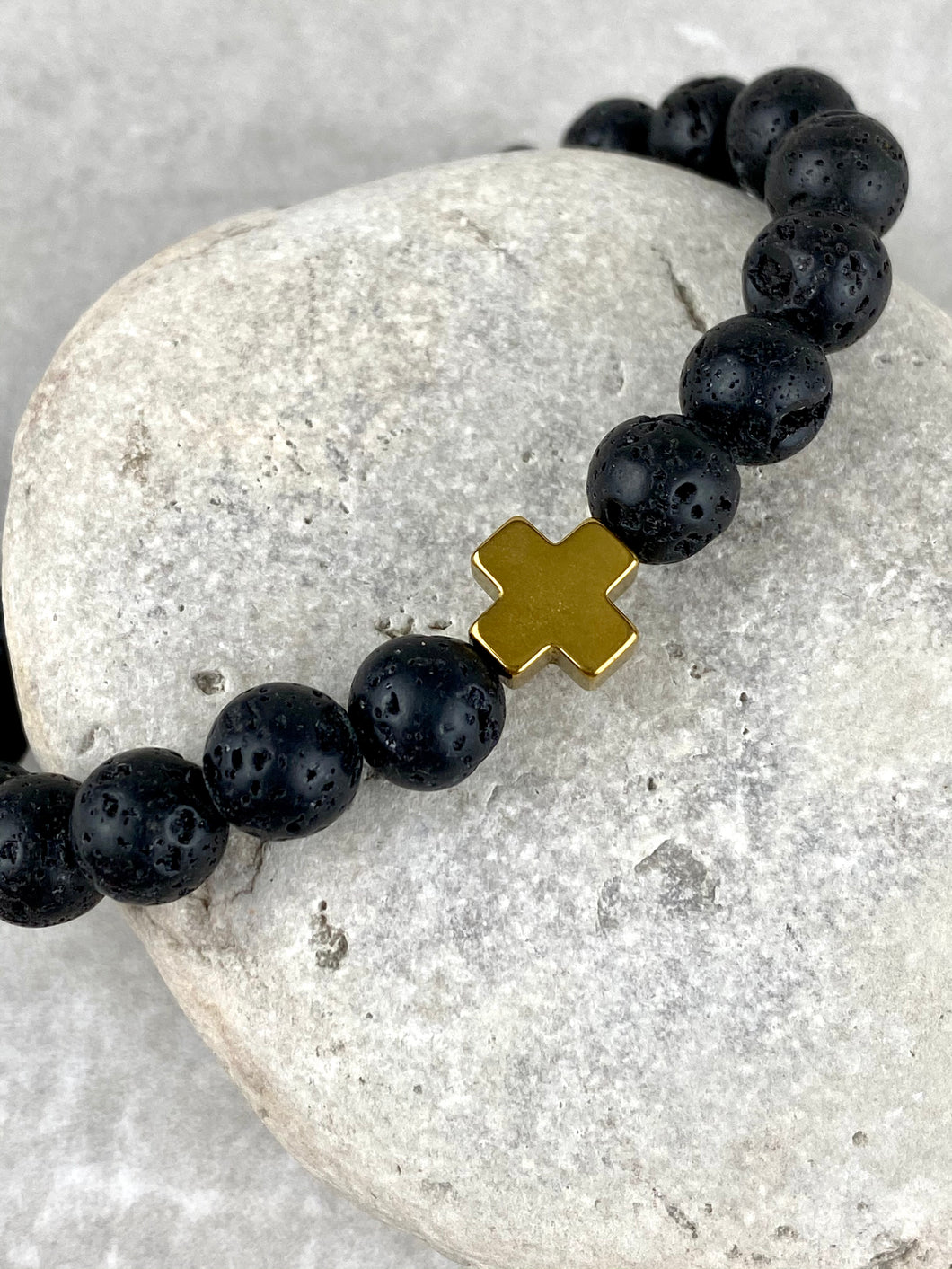 Black Volcanic Lava Rock Stone Bracelet with Gold Metal Cross