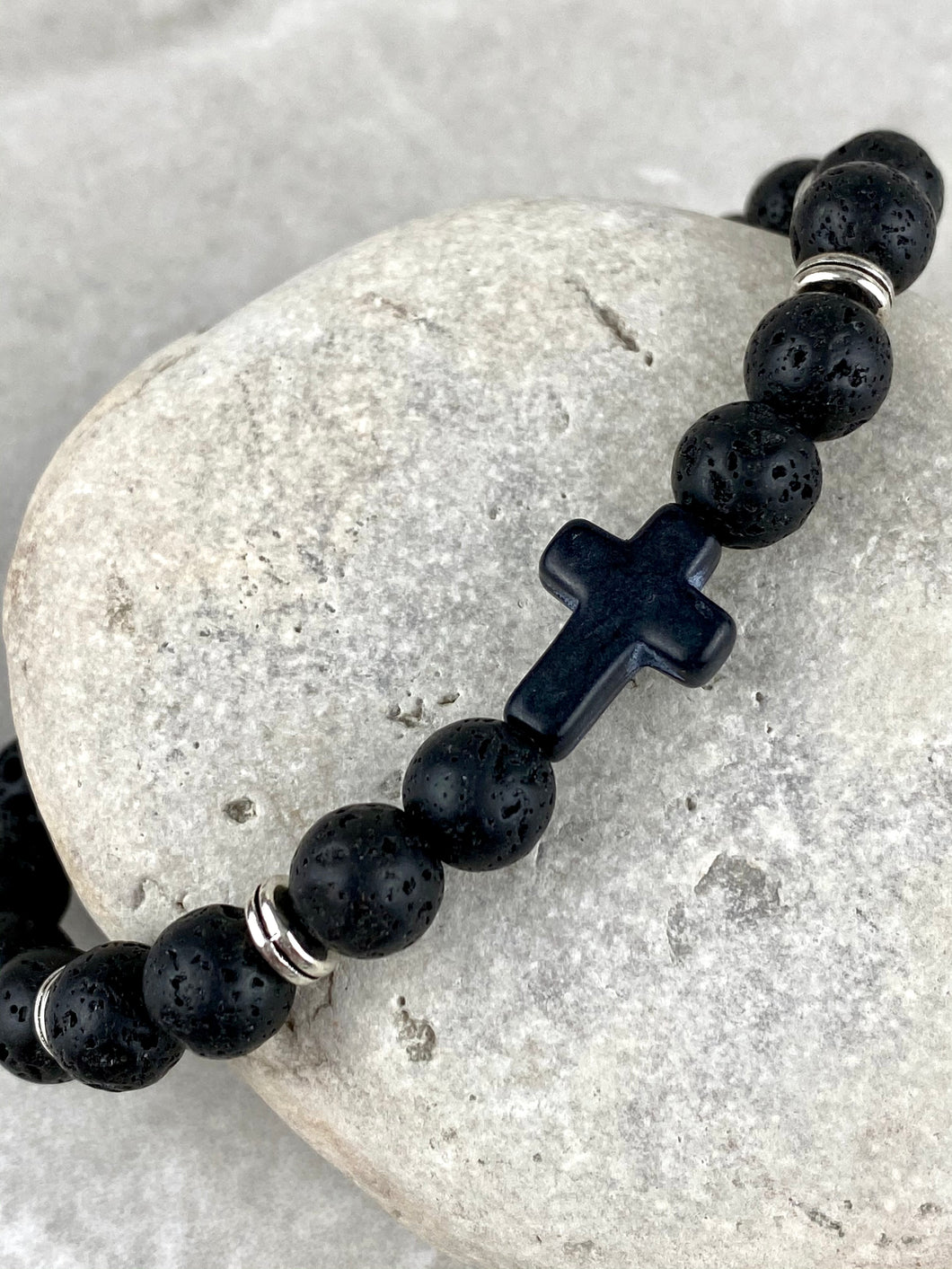 Black Volcanic Lava Rock Stone Bracelet with Cross
