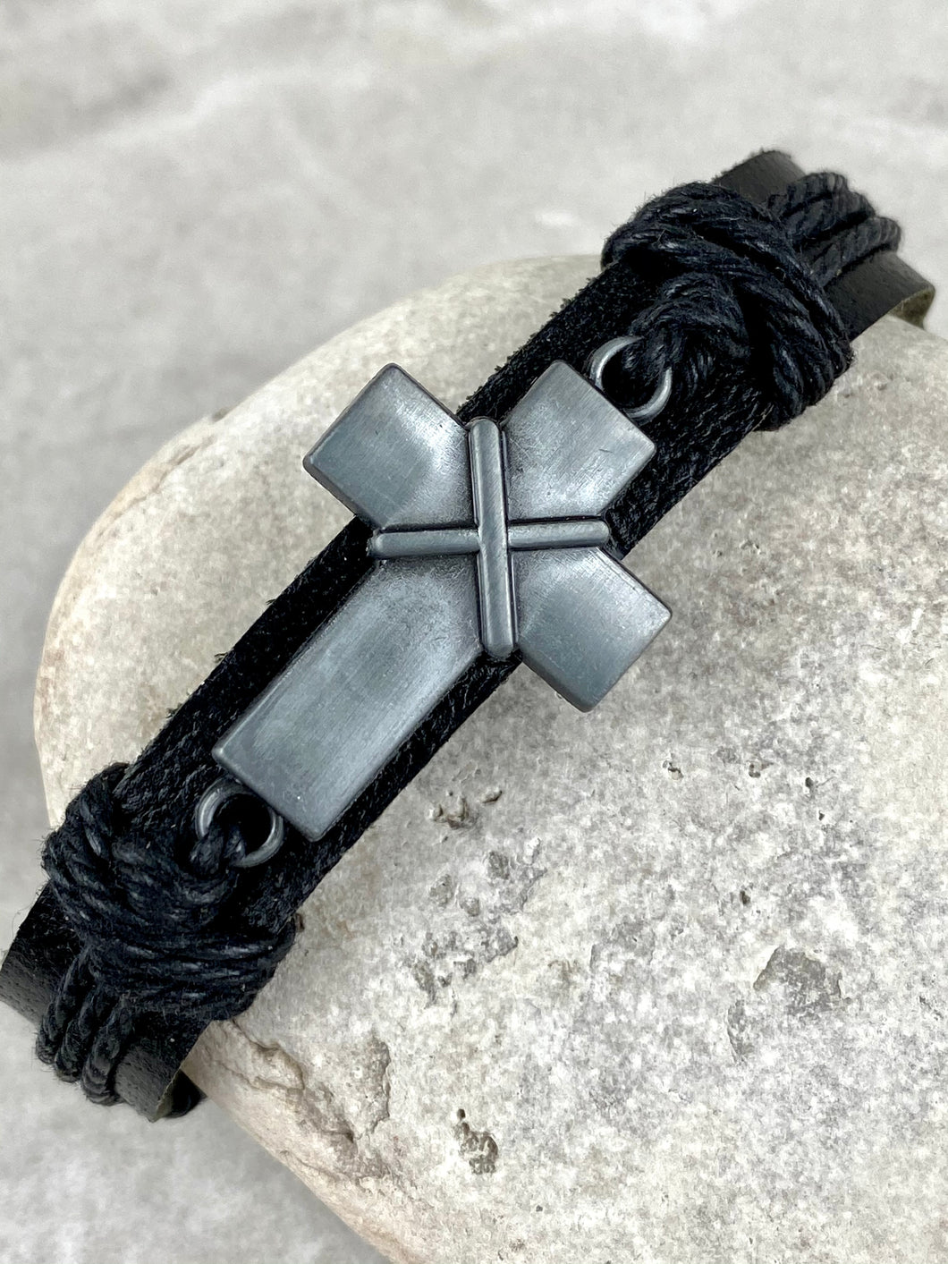 Black Leather Adjustable Bracelet with Cross MLB9