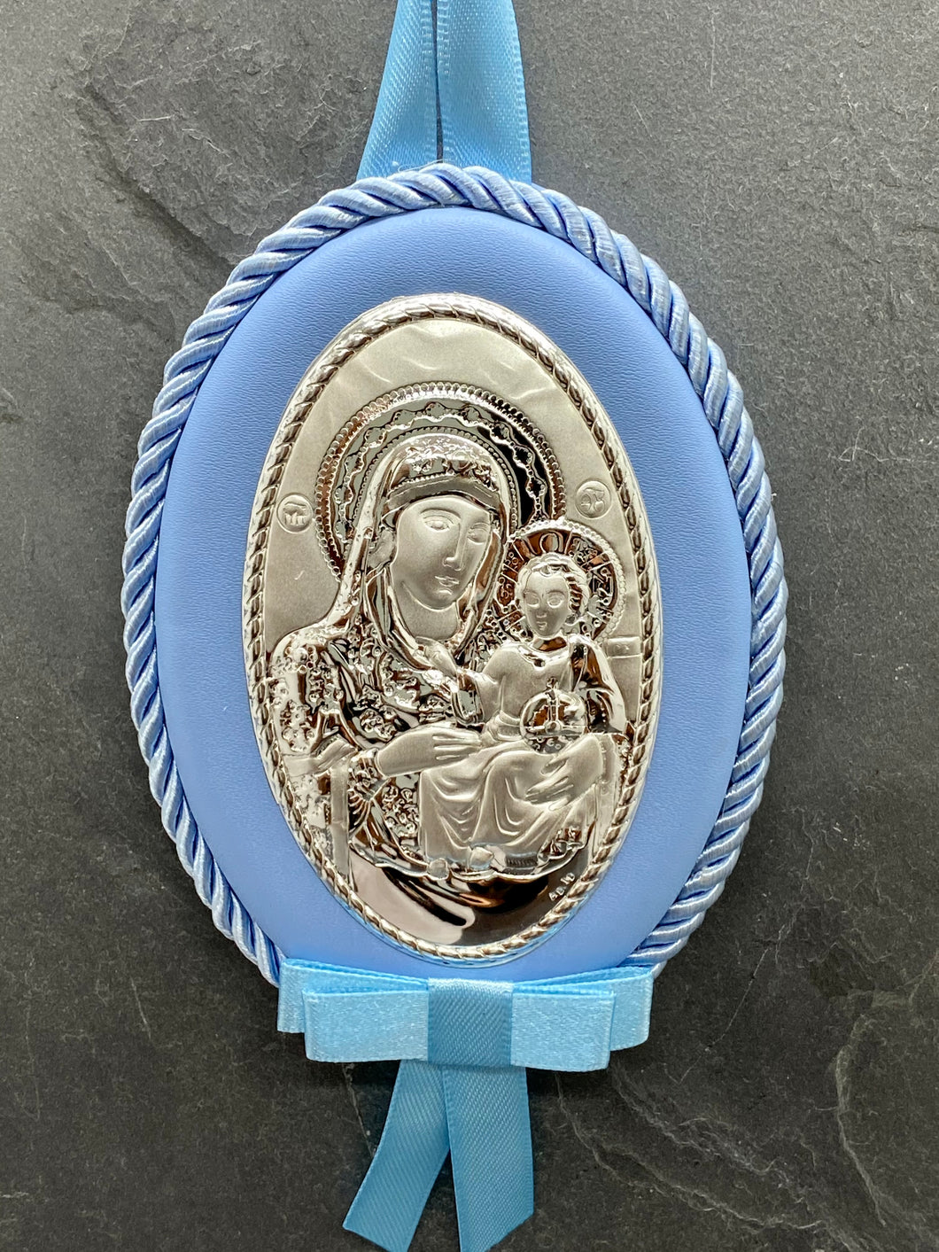 Silver Panagia Icon on Blue Leather Pillow Trimmed with Cord PS65