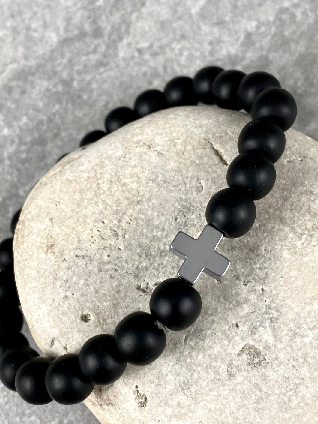 Black Matte Natural Stone Beaded Bracelet with Cross MB25