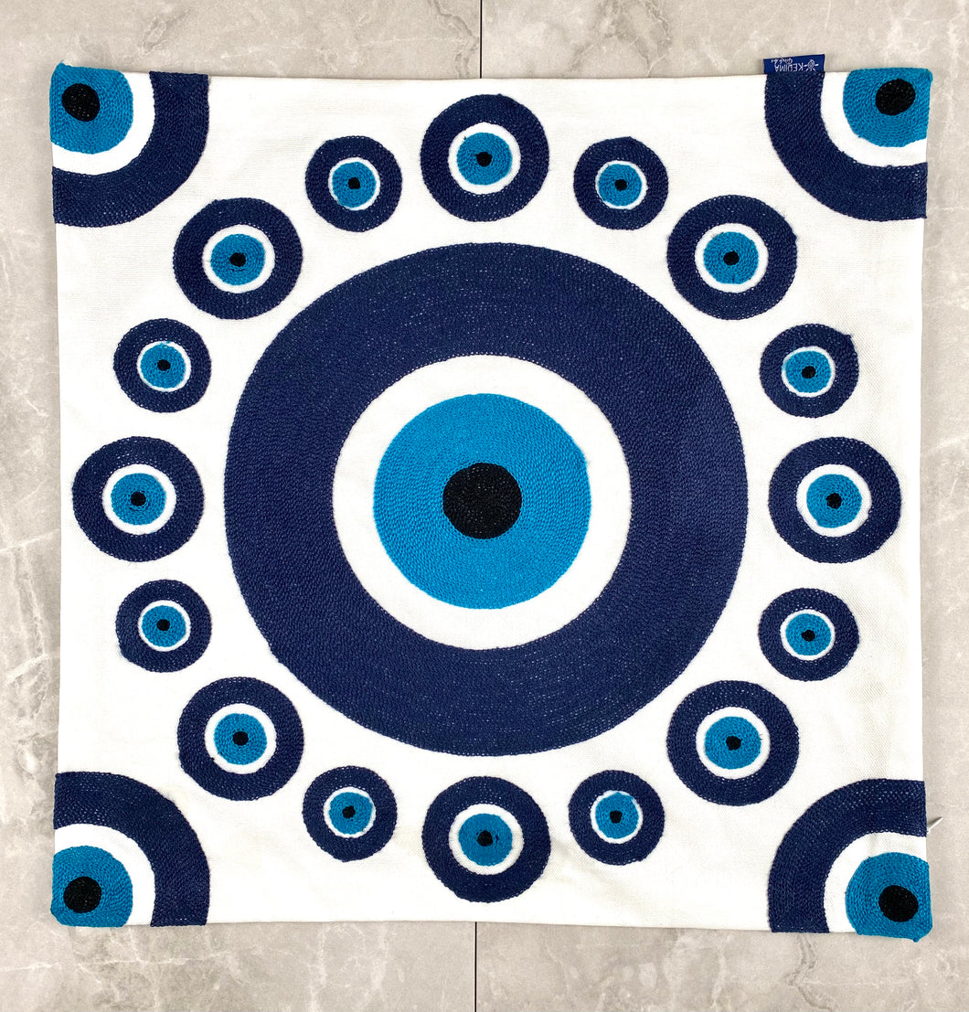 Textured Fabric Square Pillow Case with Embroidered Evil Eye MP7