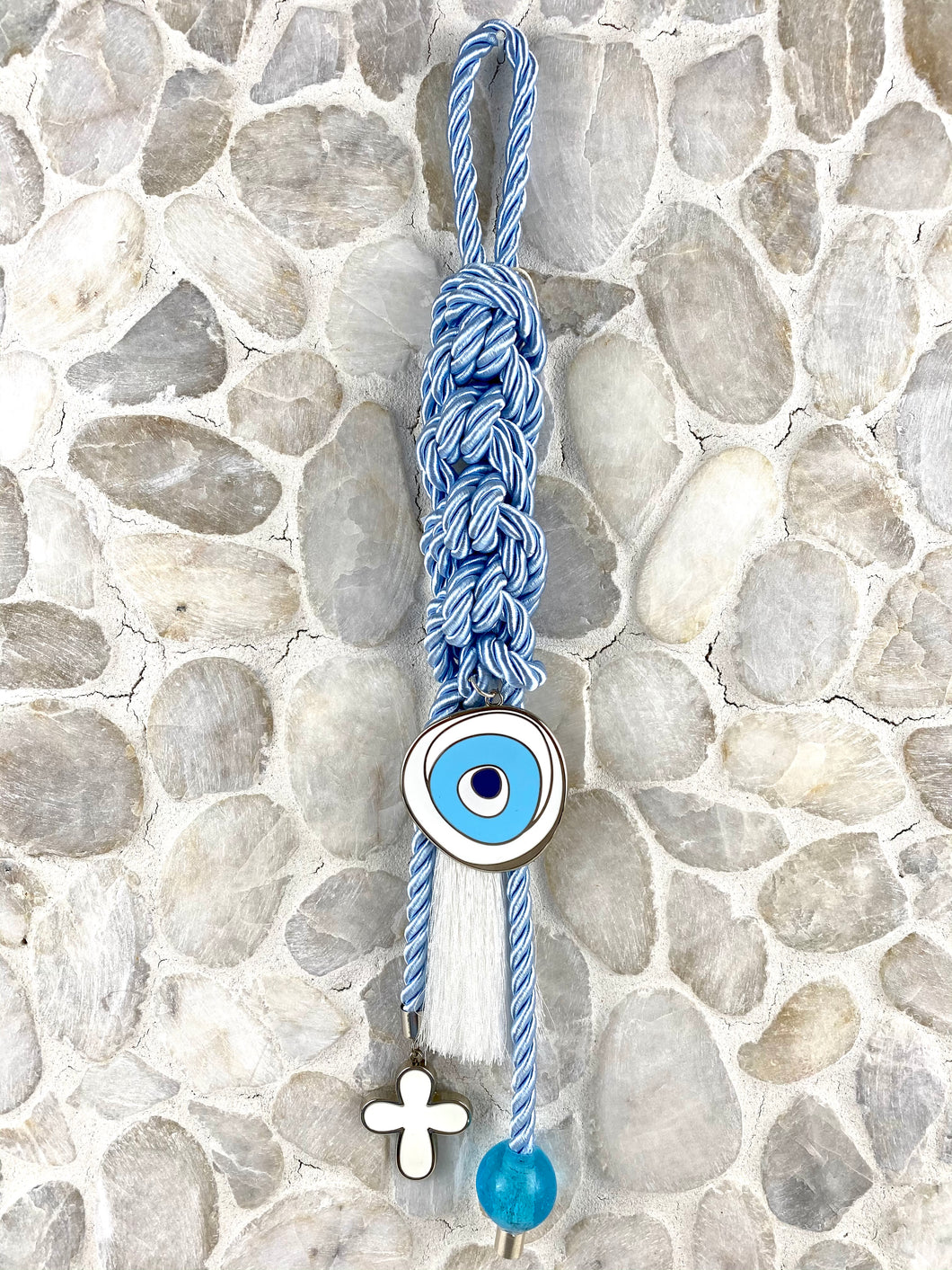Baby Blue Cord, Large Metal Evil Eye, Large Cross with Large Murano Glass Bead BHG24