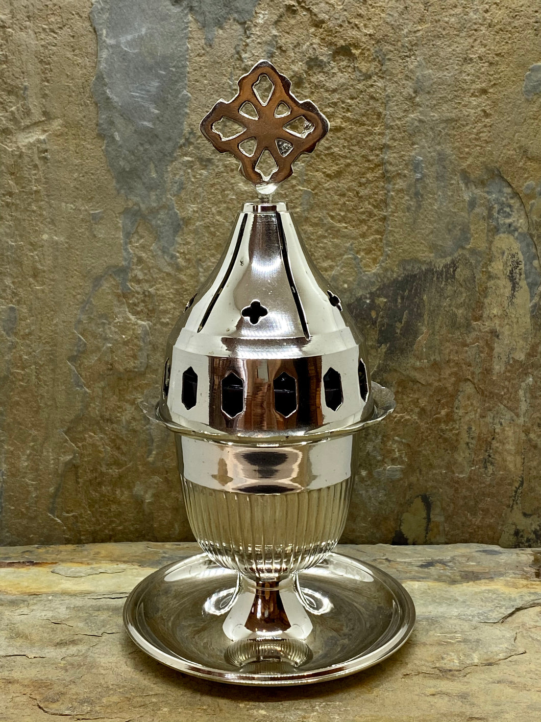 Detailed Greek Orthodox Nickel Plated Brass Kantili Vigil Lamp 4301 AN