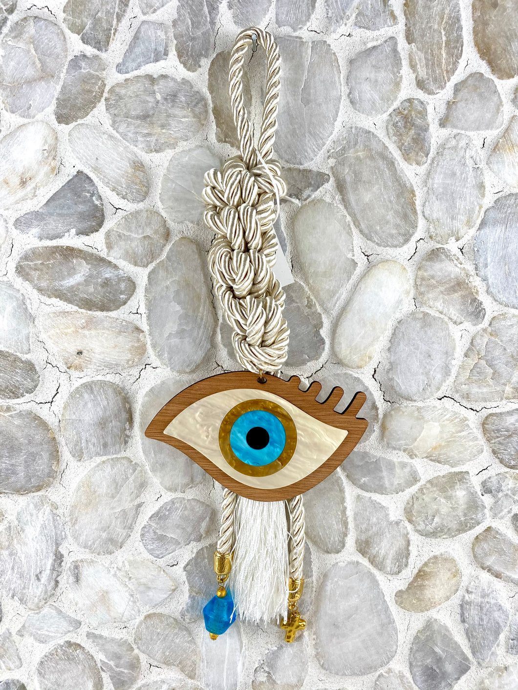 Pearl Cord Gouri, Large Wooden and Acrylic Evil Eye, Murano glass bead, Cross charm HG16