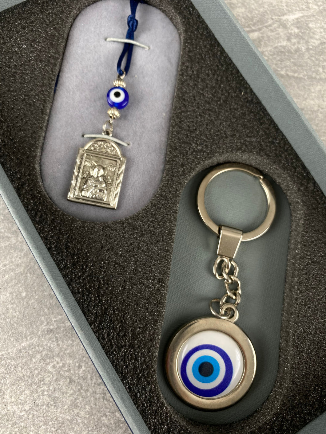 Box Set Evil Eye Keychain with St. Christoforos Car Charm BS1