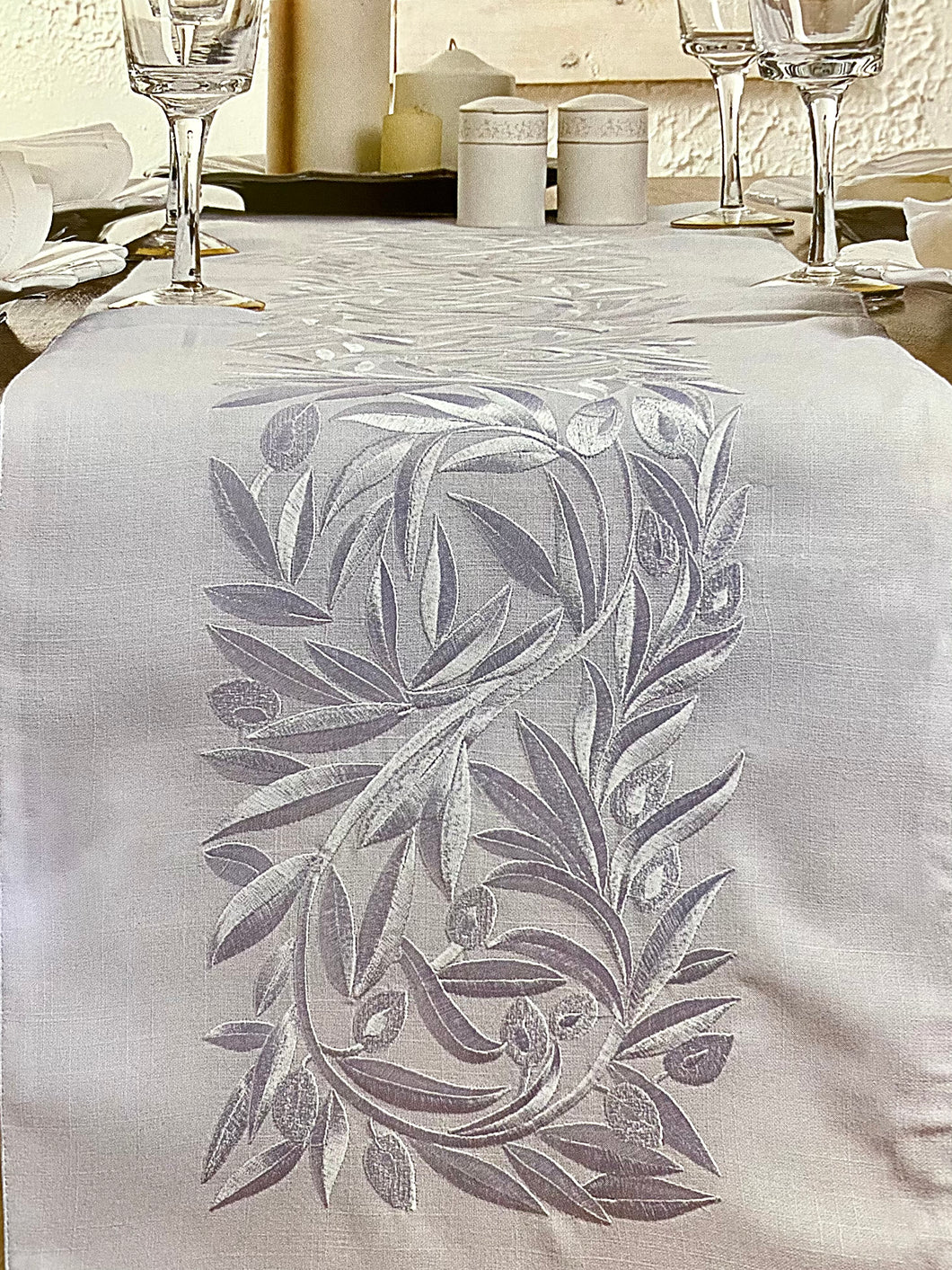 Linen Table Runner with White Embroider Olive Branch OBC4