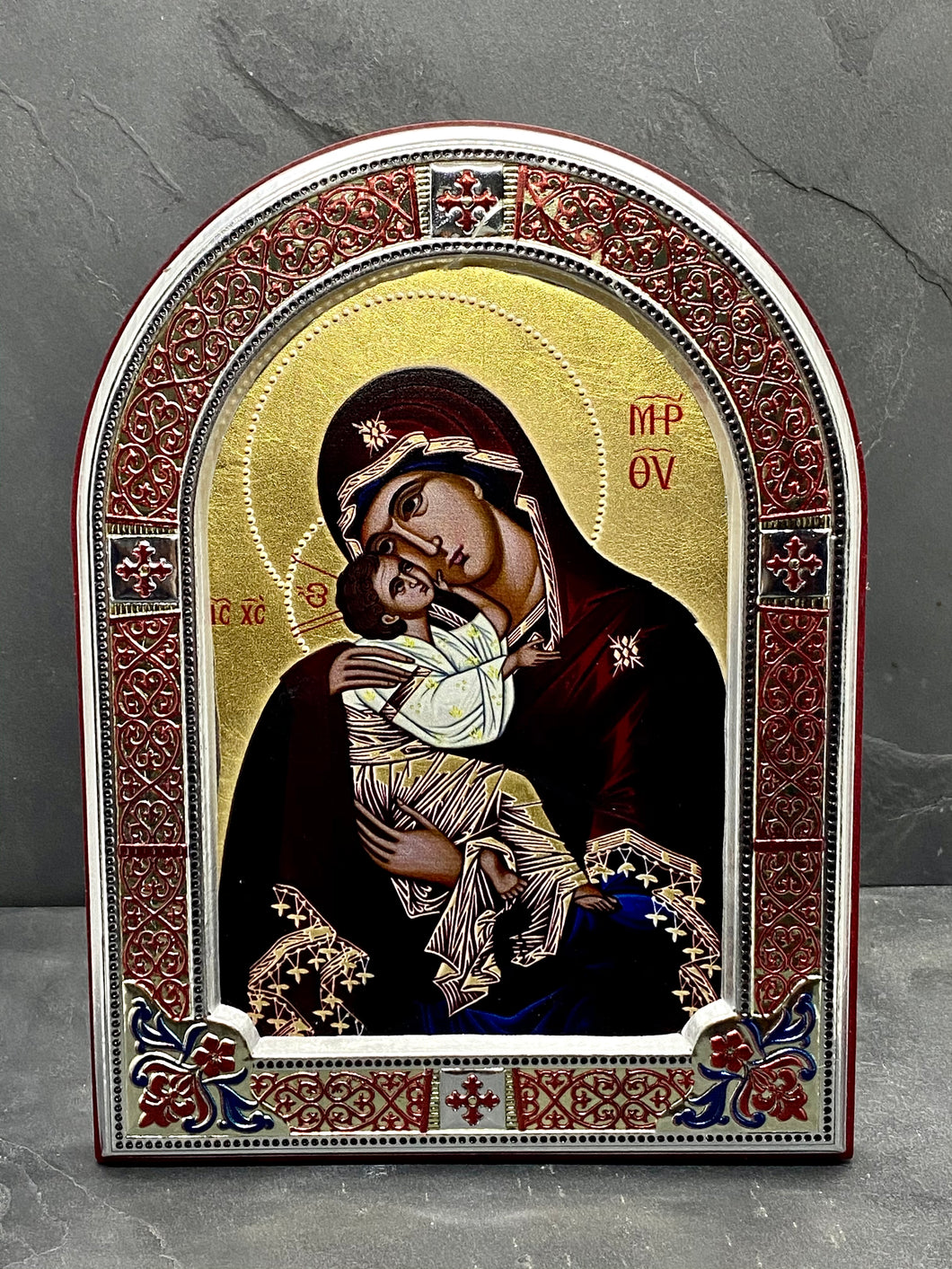 An original copy of Byzantine Holy Icon made with 925* Silver on Cherry Wood SI18