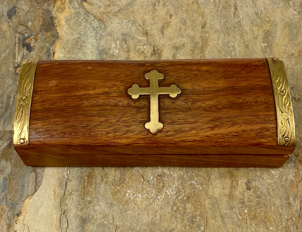 Wooden Livanothiki Incense Storage Box with Brass Trim and Cross 5204