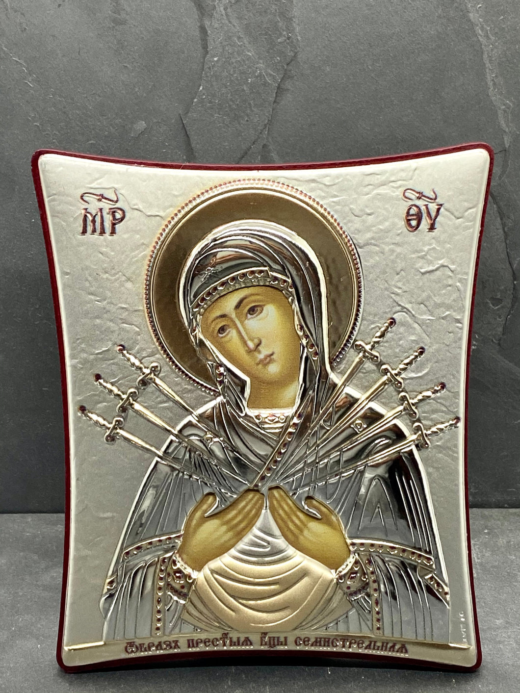 An original copy of Byzantine Holy Icon 7 Swords made with 925* Silver on Cherry Wood  SI21