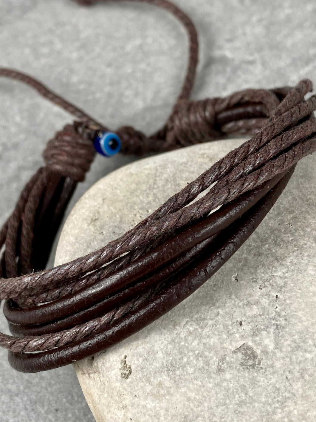 Brown Leather Braided Adjustable Bracelet with Evil Eye Bead MB34