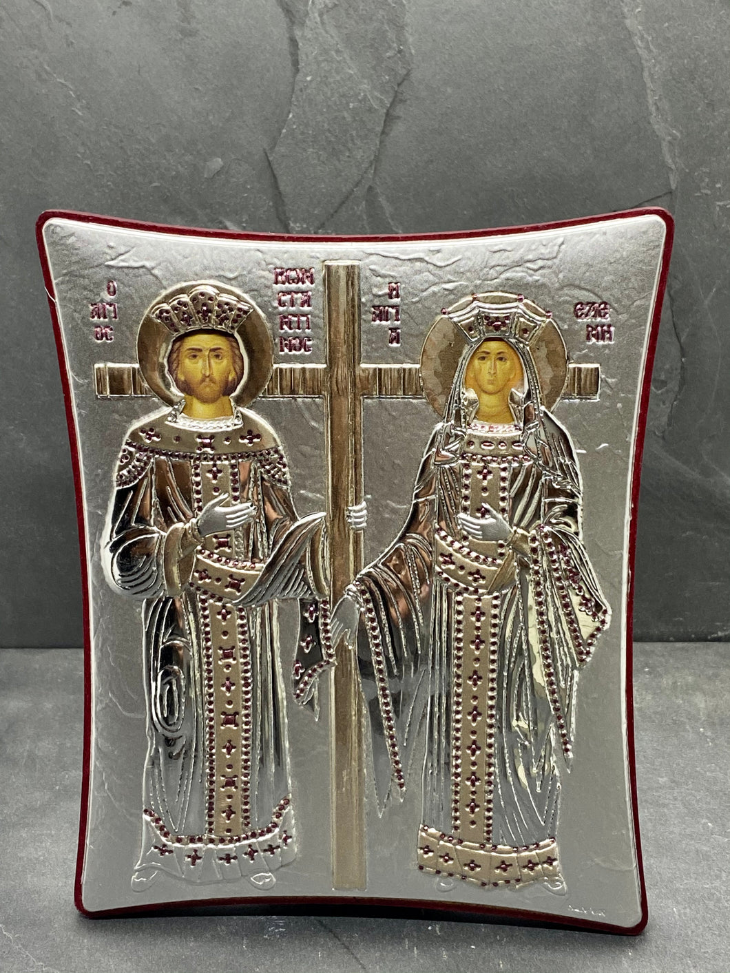 An original copy of Byzantine Holy Icon Agios Konstantinos & Eleni  made with 925* Silver on Cherry Wood  SI22