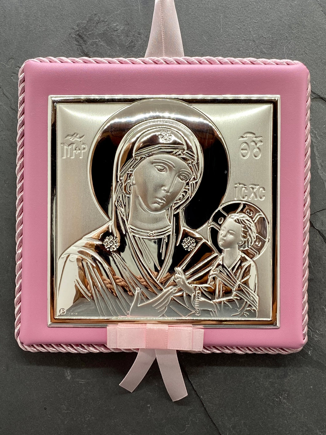 Lullaby Large Silver Panagia Icon on Pink Leather Pillow Trimmed with Cord PS55