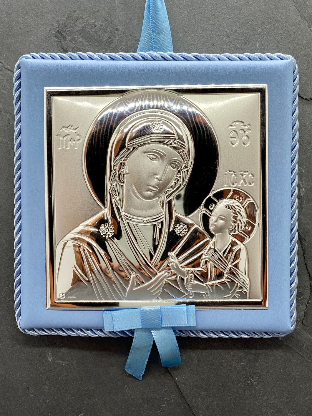 Lullaby Large Silver Panagia Icon on Blue Leather Pillow Trimmed with Cord PS67