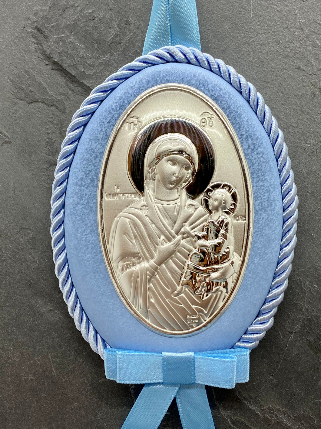 Silver Panagia Icon on Blue Leather Pillow Trimmed with Cord PS63