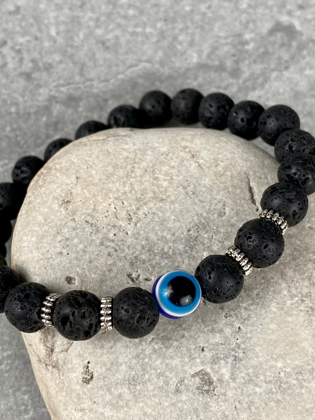 Black Volcanic Lava Stone with Evil Eye Bead MB20