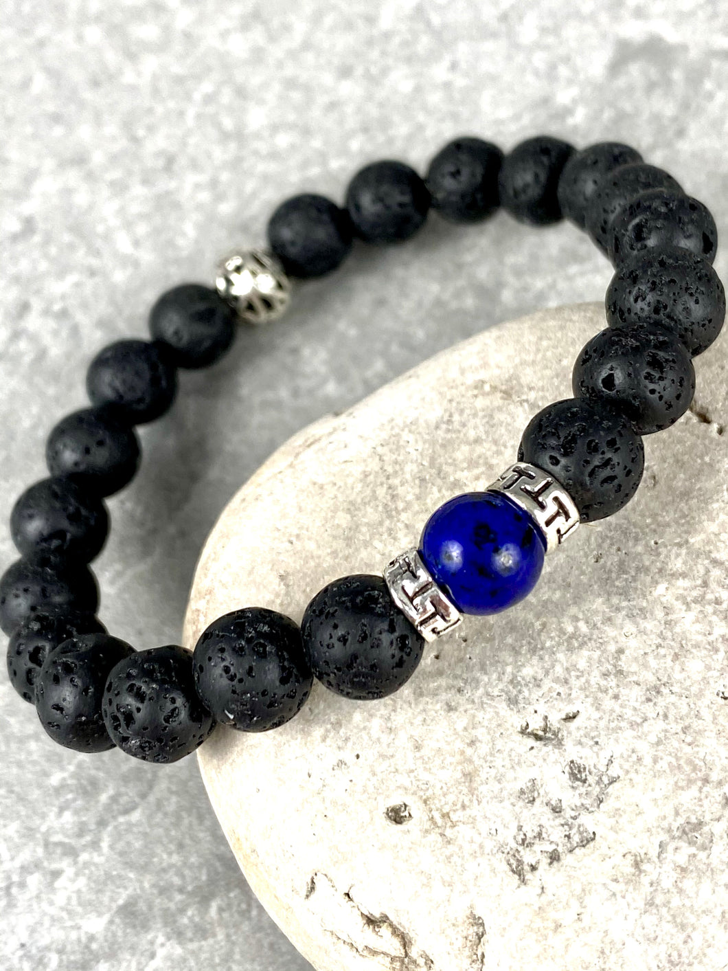 Black Lava Stone with Blue Tiger Eye and Greek Key Beaded Bracelet MB13