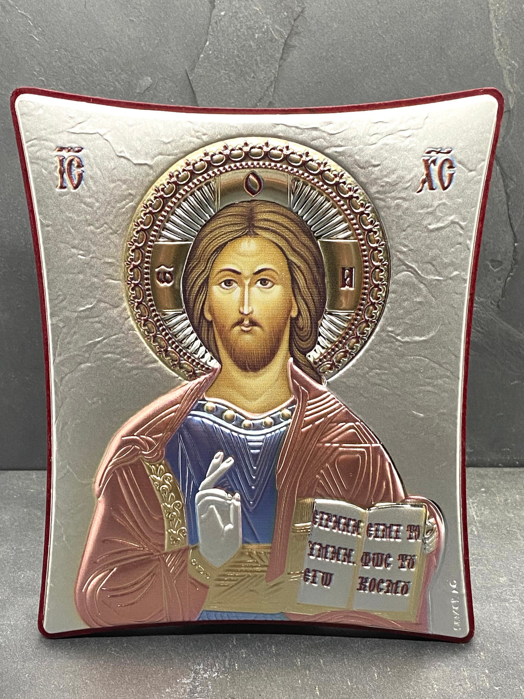 An original copy of Byzantine Holy Icon Jesus  made with 925* Silver on Cherry Wood  SI33