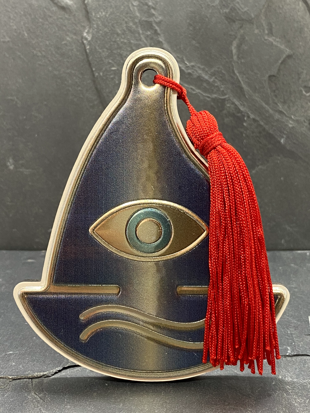 Silver Plated Navy Blue Evil Eye Sail Boat with Tassel on Wood SB20