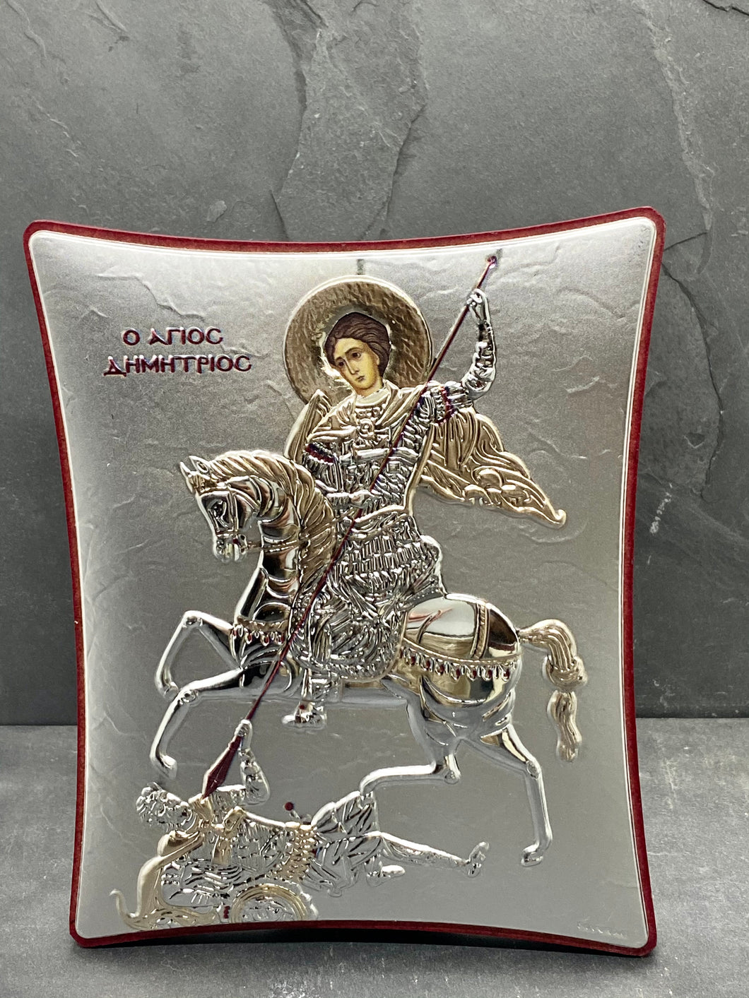 An original copy of Byzantine Holy Icon Agios Dimitrios  made with 925* Silver on Cherry Wood SI23