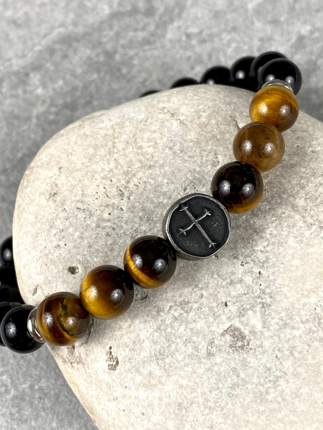 Black Onyx and Tiger Eye Beaded Bracelet with Cross MB12