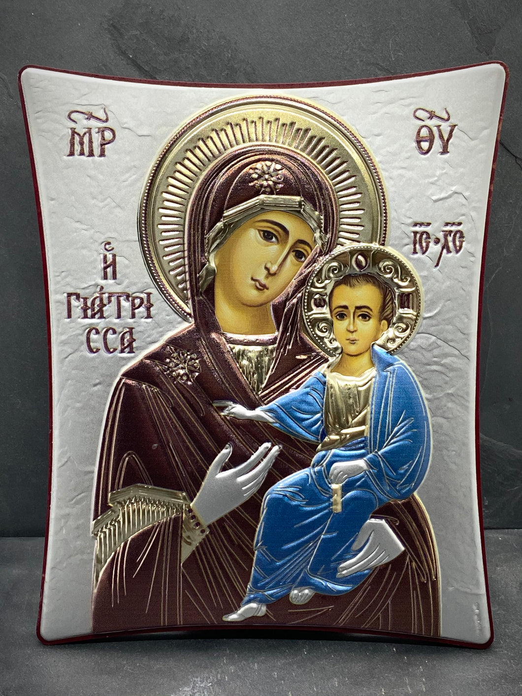 An original copy of Byzantine Holy Icon Colourful Giatrissa made with 925* Silver on Cherry Wood SI3
